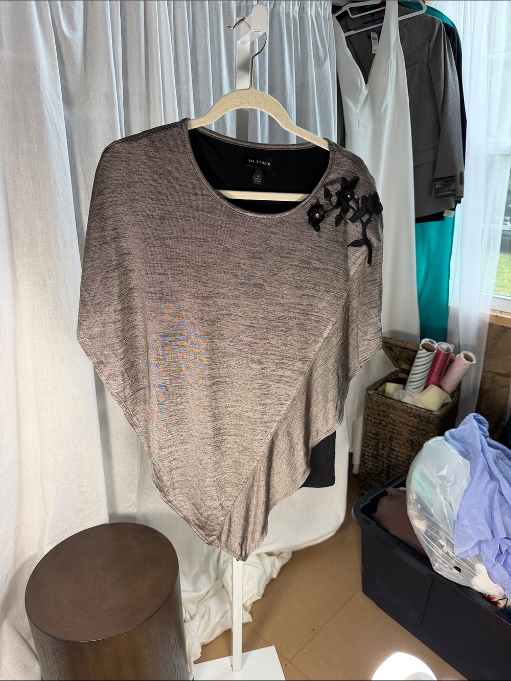 I.N. Studio Heathered Taupe Asymmetric Knit Top with Black Appliqué